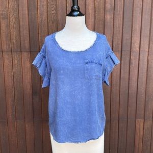 Anthropologie “Pure+Good” washed chambray blouse with fringe XS-M